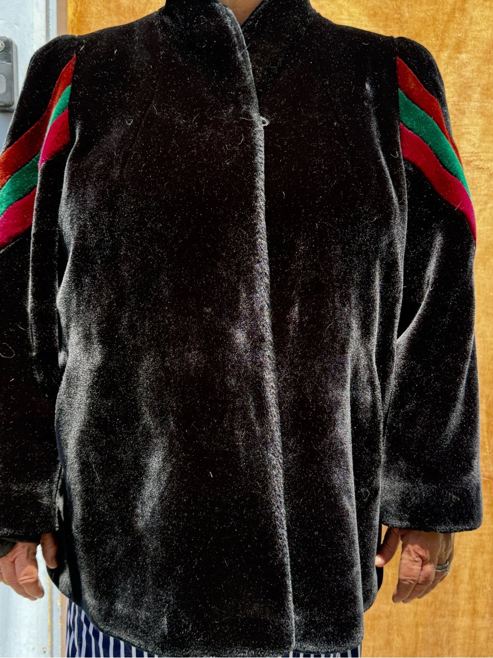 Black Velvet Women's Coat with Red & Green Stripe Detail